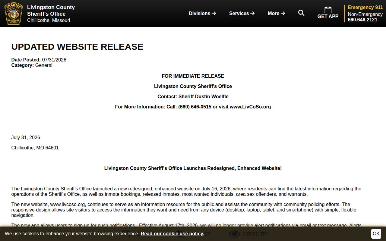 Livingston County Sheriff website release describing recent booking and release information