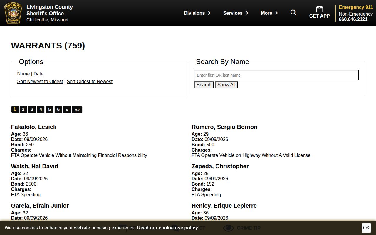 Livingston County Sheriff official warrant search interface