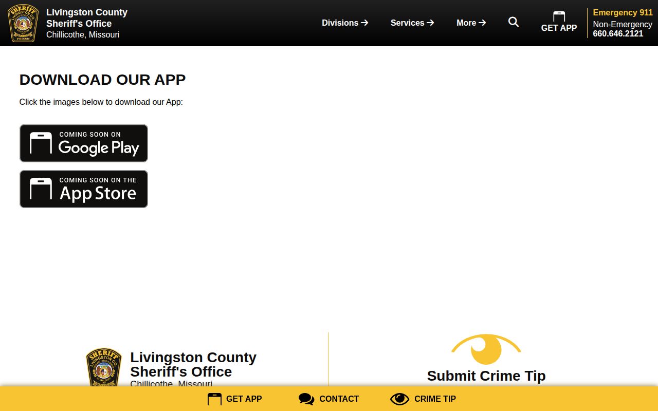 Livingston County Sheriff app page with coming soon store notices