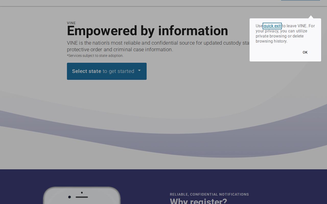 VINELink state selection interface used to choose Missouri