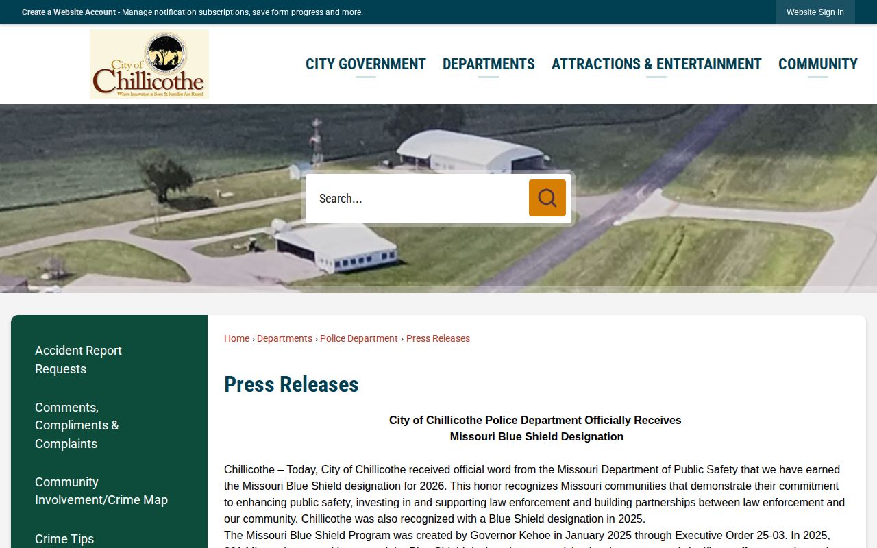 Chillicothe Police Department press releases page used to locate dated arrest bulletins