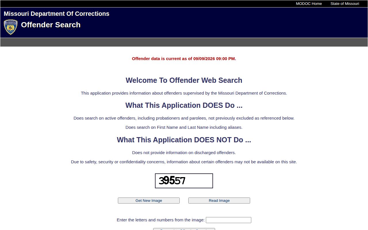 Missouri Department of Corrections public offender search form