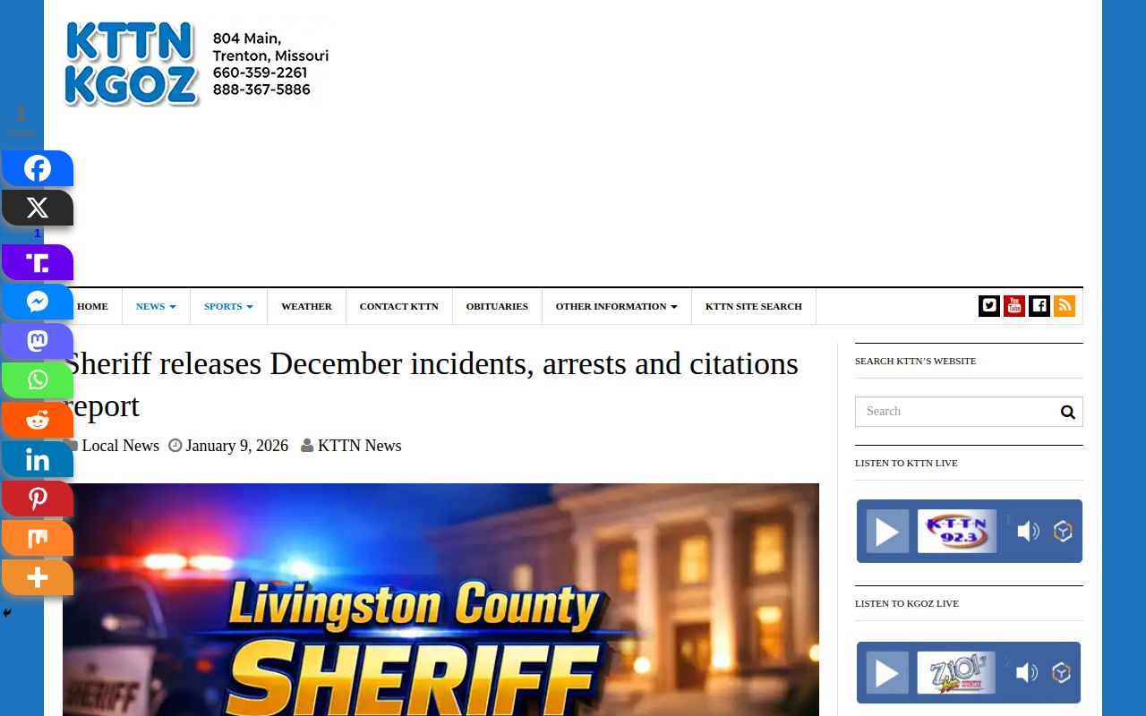 KTTN page carrying a Livingston County sheriff incidents arrests and citations report